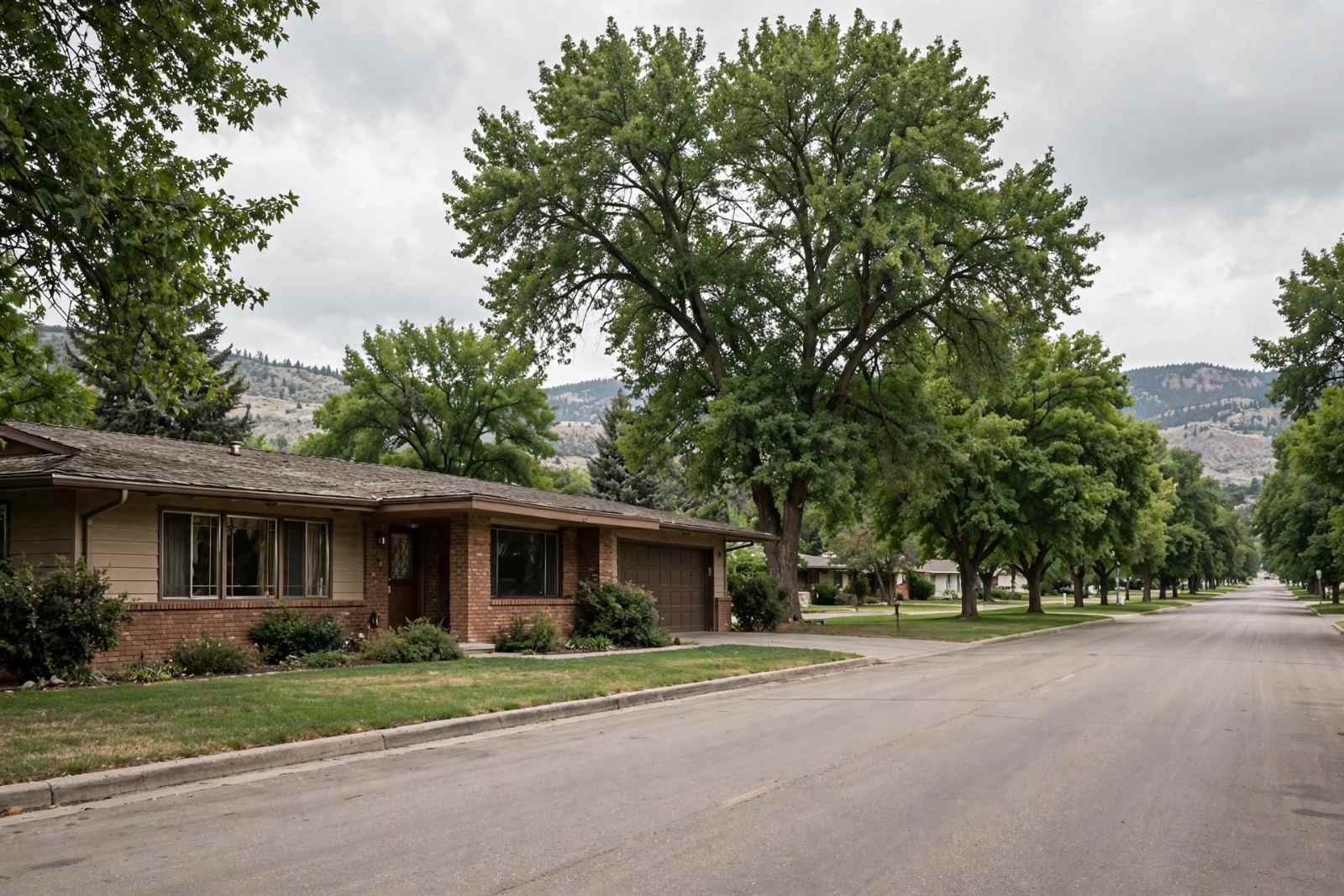 Older ranch-style home on a wide street