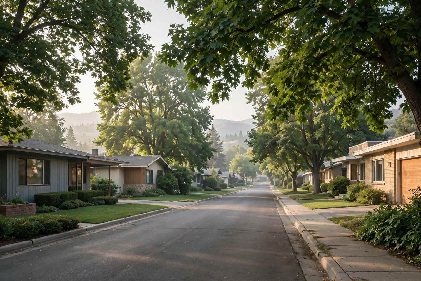 Established residential street with mid-century homes and mature trees