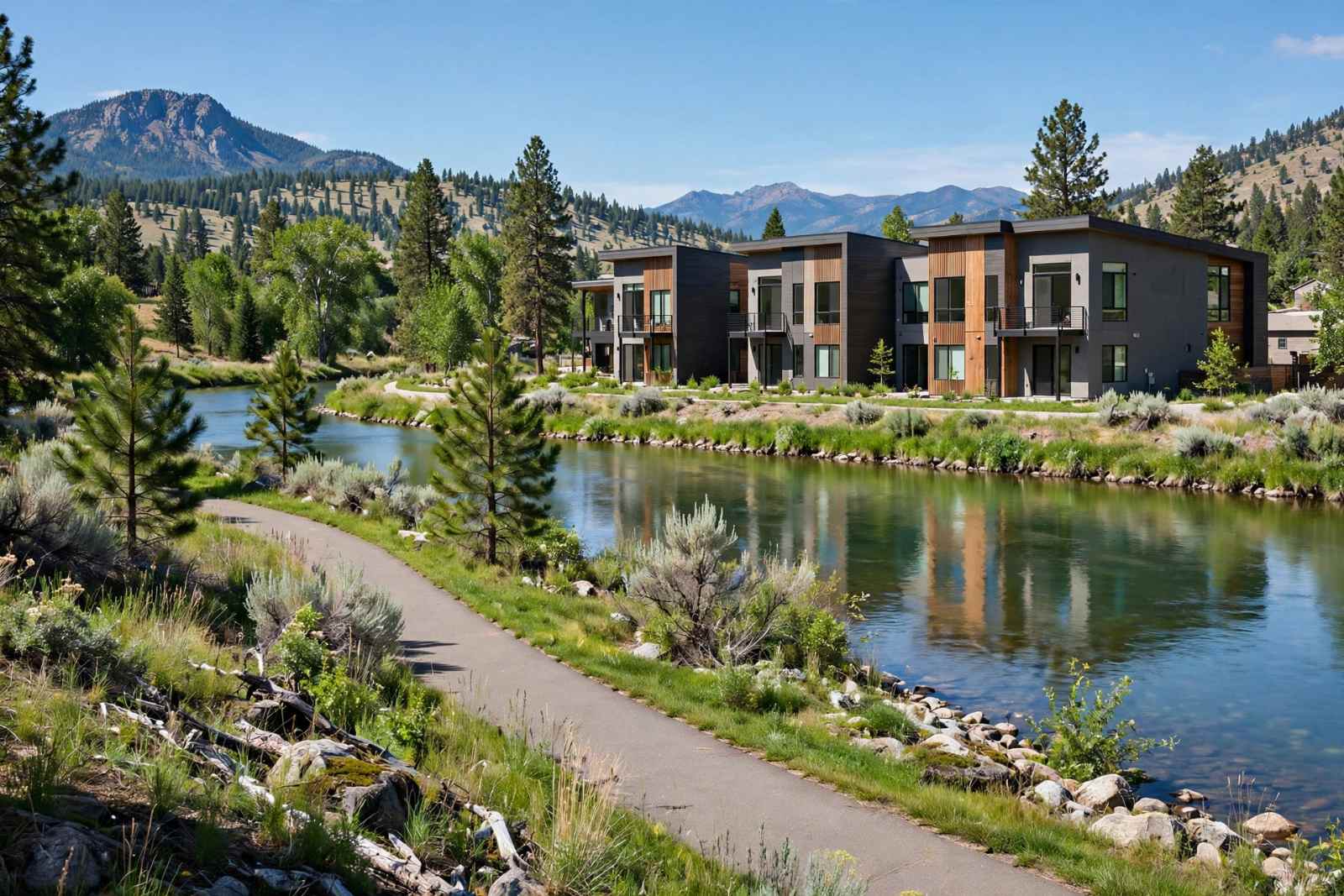 Modern riverfront townhomes beside a river