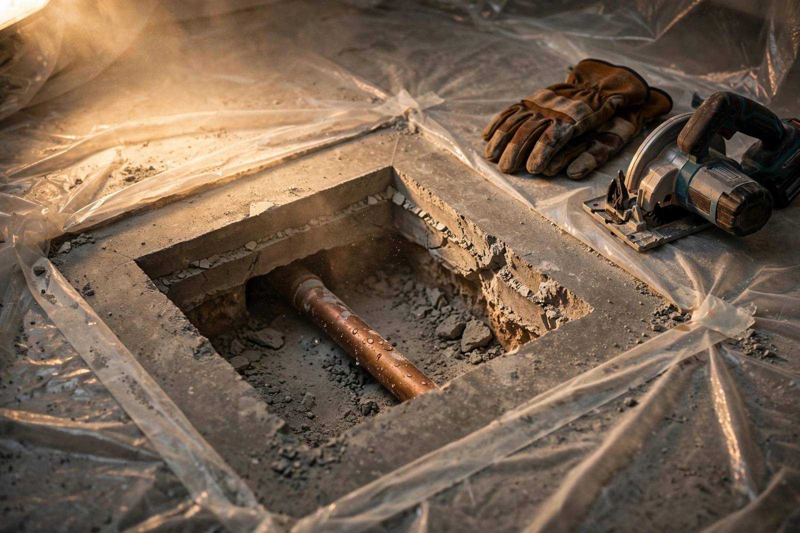 A small opening cut in a concrete slab exposing a copper water line