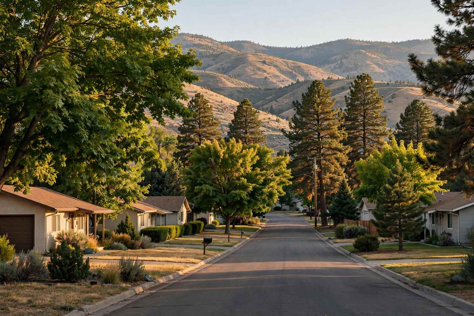 Quiet suburban street with ranch homes and foothills behind