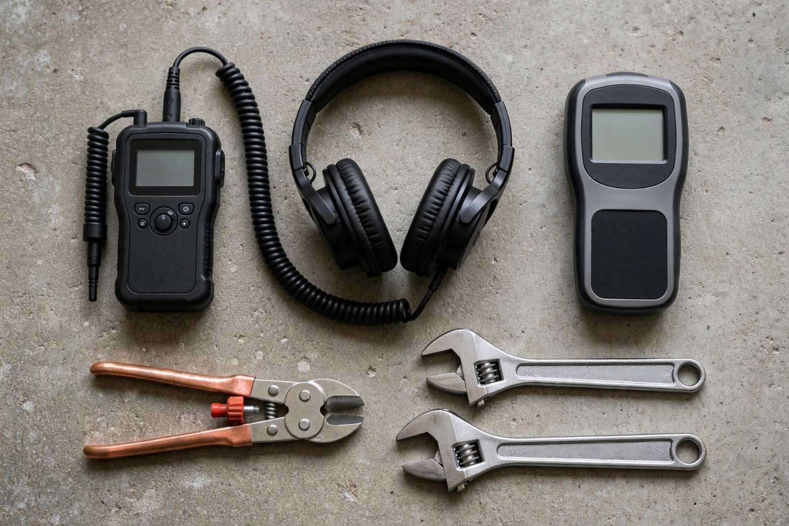 Professional leak detection and plumbing tools arranged on concrete for slab leak work
