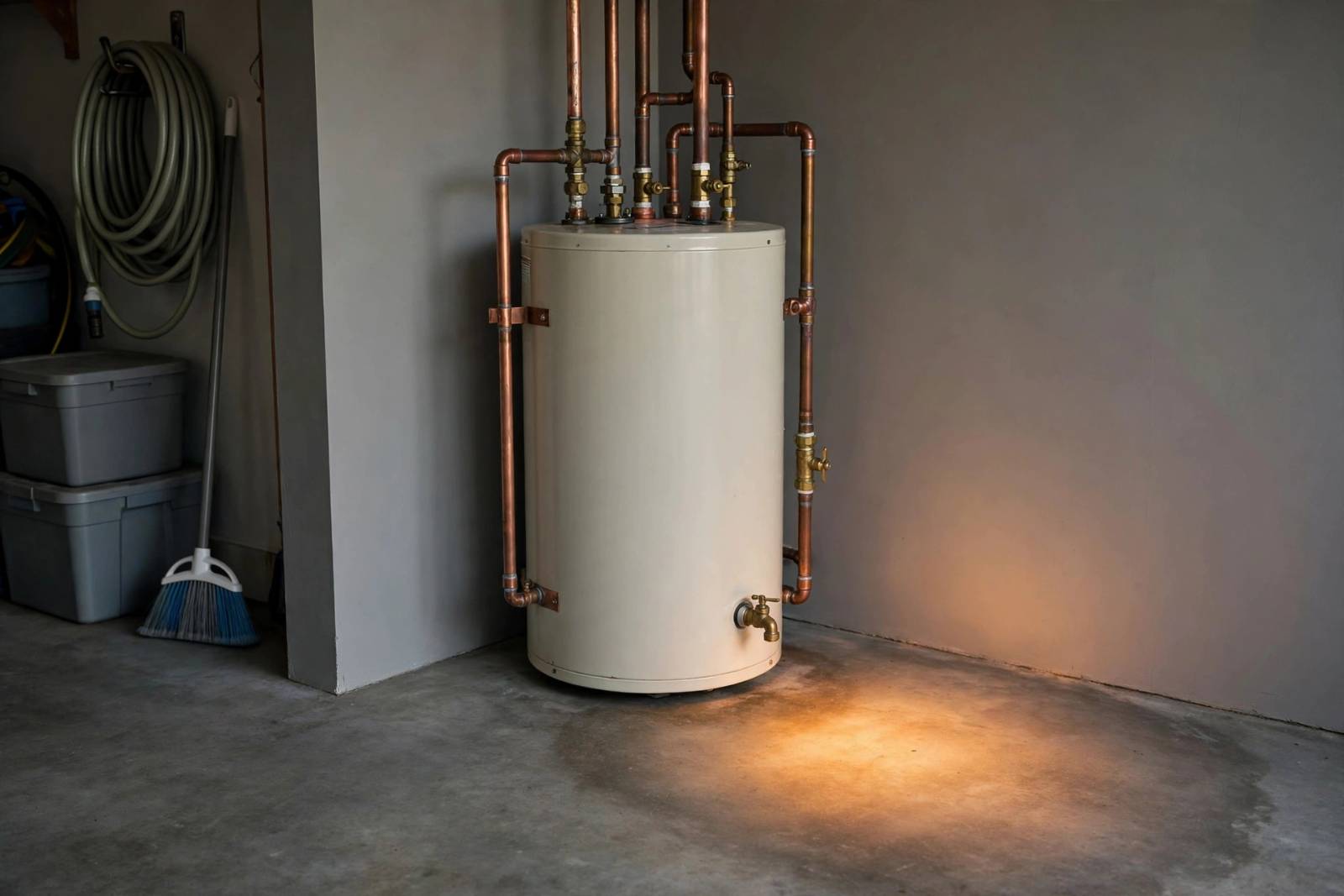 Water heater in a garage with a warm glowing spot on the concrete floor from a hot-side slab leak