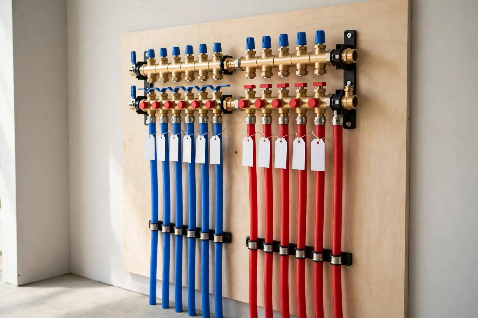 New PEX plumbing manifold with red and blue supply lines installed