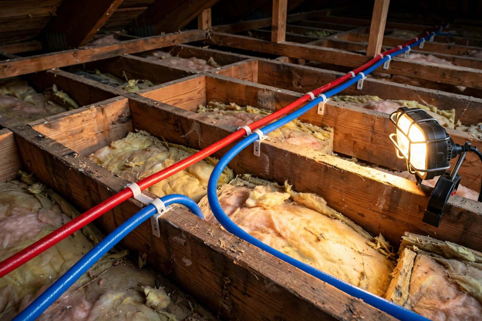 New red and blue PEX water lines routed through attic framing during a slab leak reroute